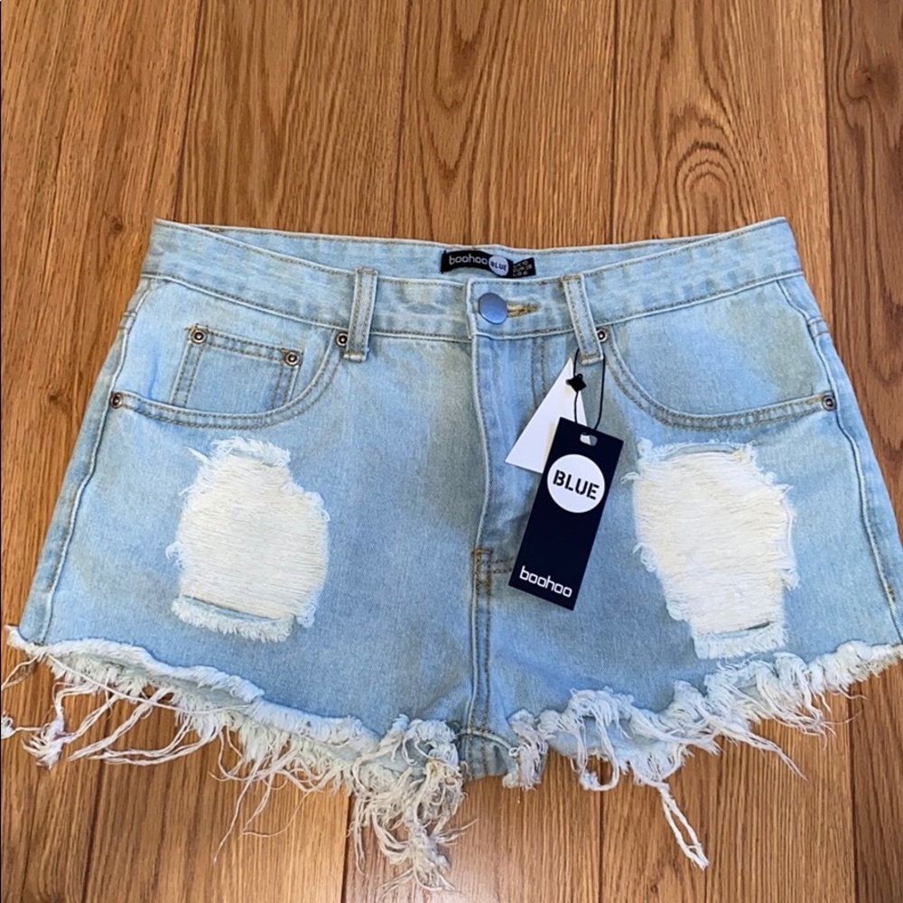 Boohoo Light Blue High Waist Ripped Denim Shorts